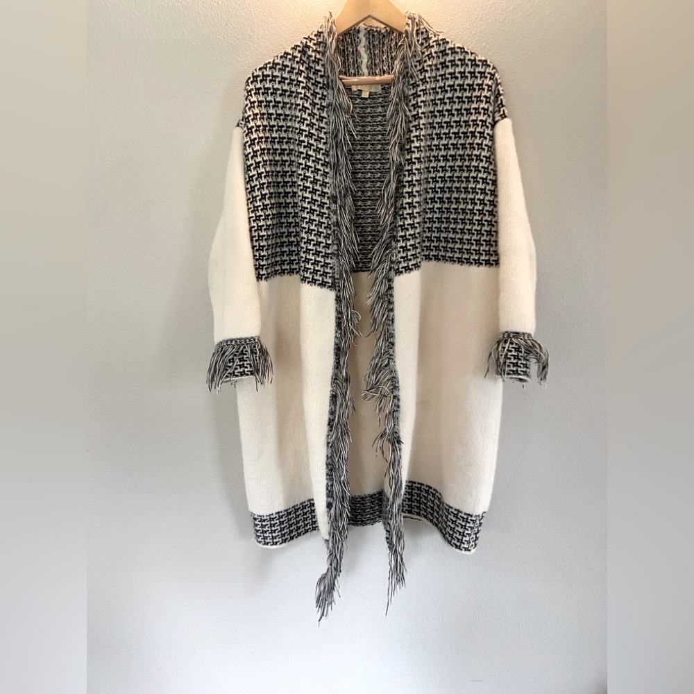 Black and White Women's Cardigan with Fringe